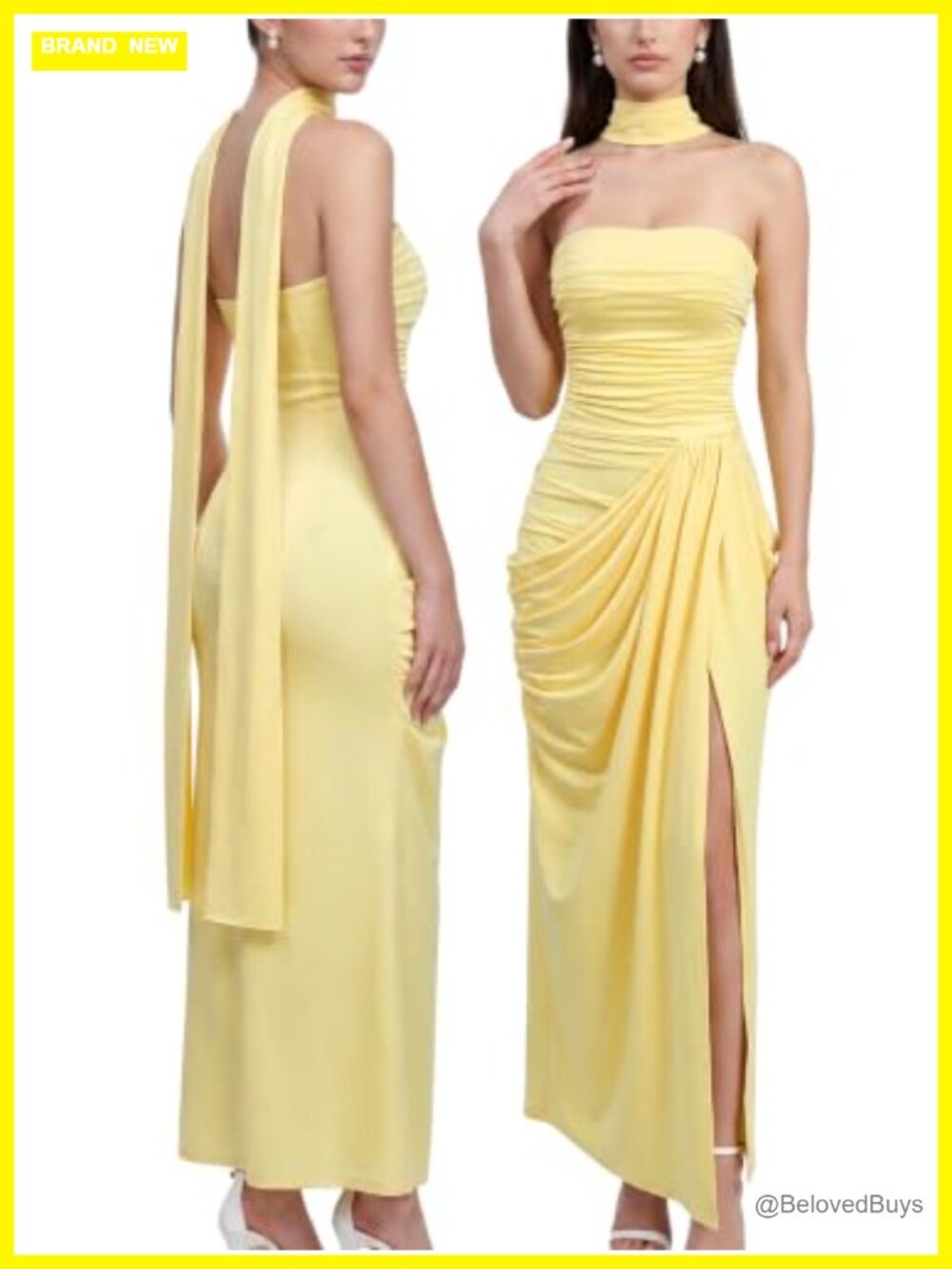 Satin Strapless Bodycon Maxi Dress with Scarf High Slit Wedding Guest